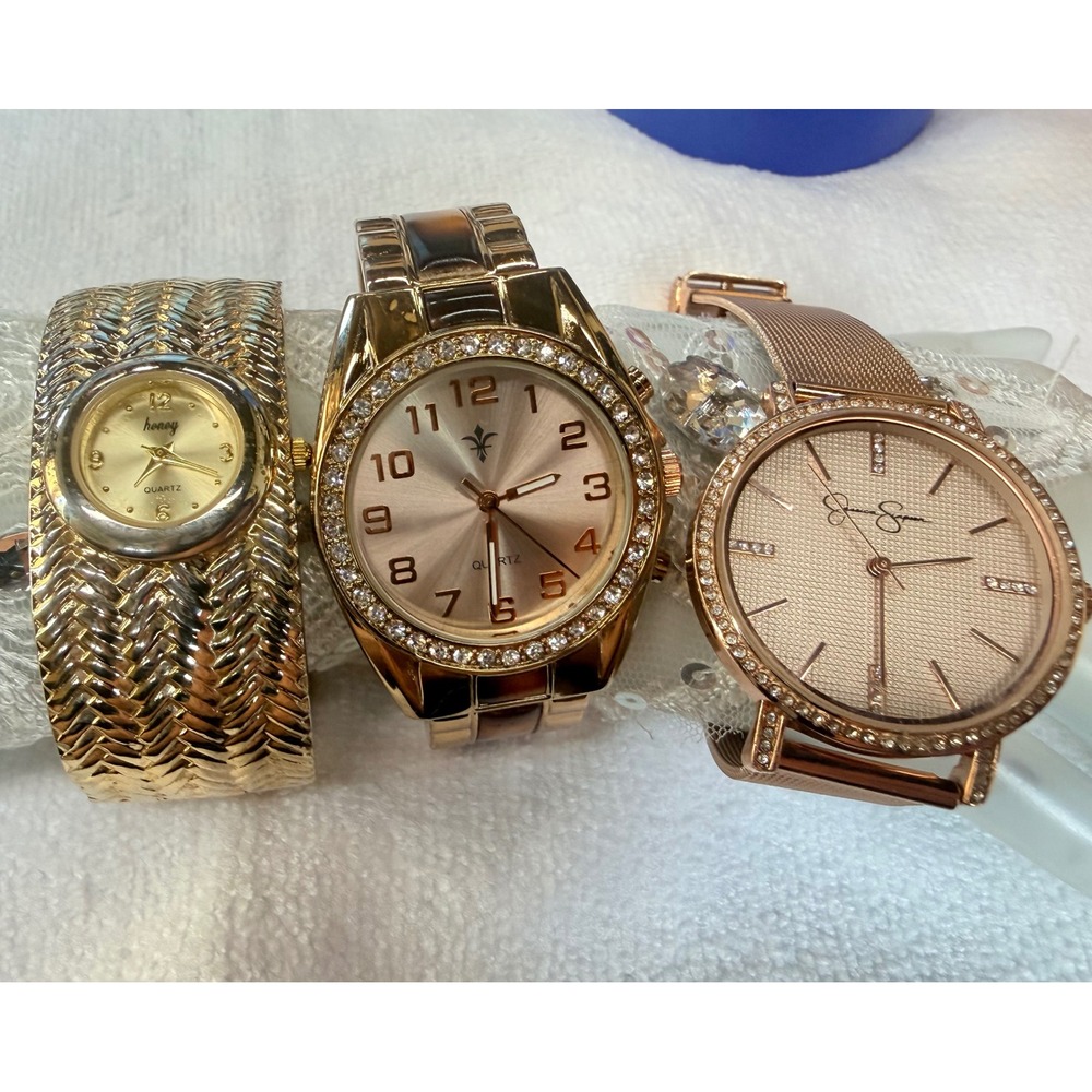 Lot of 3 Women's Quartz Watches Jessica Simpson Honey Gold & Rose Tone